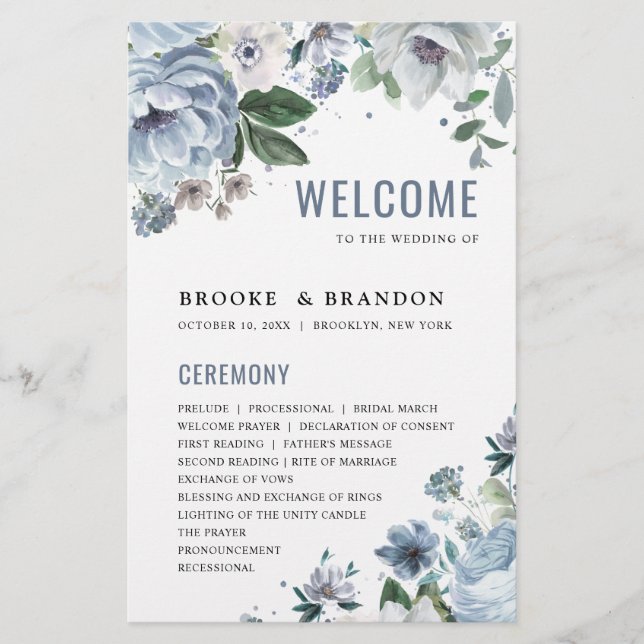 Shades of Grey Dusty Blue Winter  Wedding Program (Front)