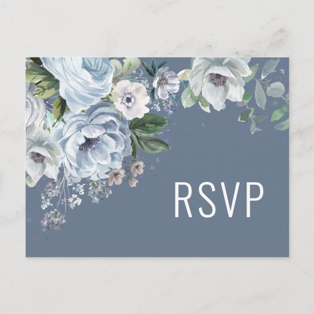 Shades of Grey Dusty Blue Winter  Wedding RSVP Pos Postcard (Front)