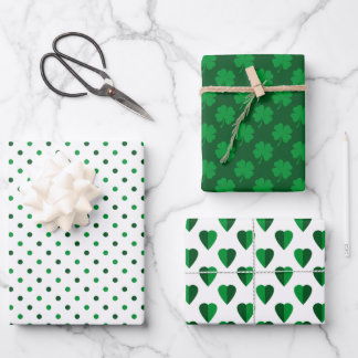 SHADES OF IRISH GREEN & WHITE SHAMROCKS & PATTERNS WRAPPING PAPER SHEET