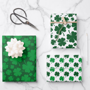 SHADES OF IRISH GREEN & WHITE SHAMROCKS WRAPPING PAPER SHEET