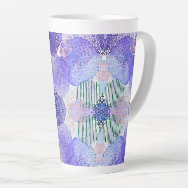 Shades of Lavender and Green Abstract Flowers Latte Mug (Right Angle)