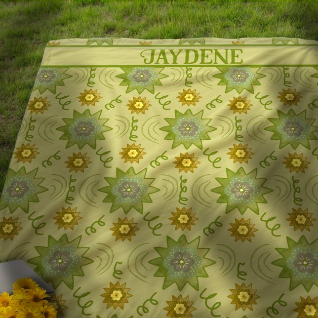 Shades Of Light Green Geometric Flowers Fleece Blanket (The shades of green and gold are nature inspired and have a timeless yet modern feel.)