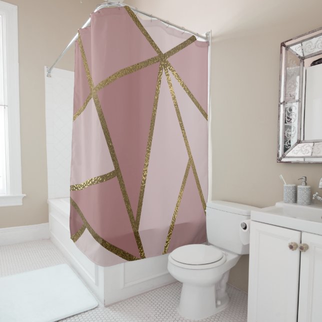 Shades of Mauve Pink & Gold Bronze Geometric Glam Shower Curtain (In Situ)