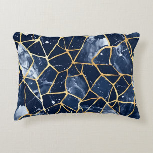 SHADES OF NAVY BLUE & GOLD MOSAIC CHIP PATTERNS DECORATIVE CUSHION