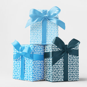 Shades of Ocean Blue Greek Key Wrapping Paper Sheet
