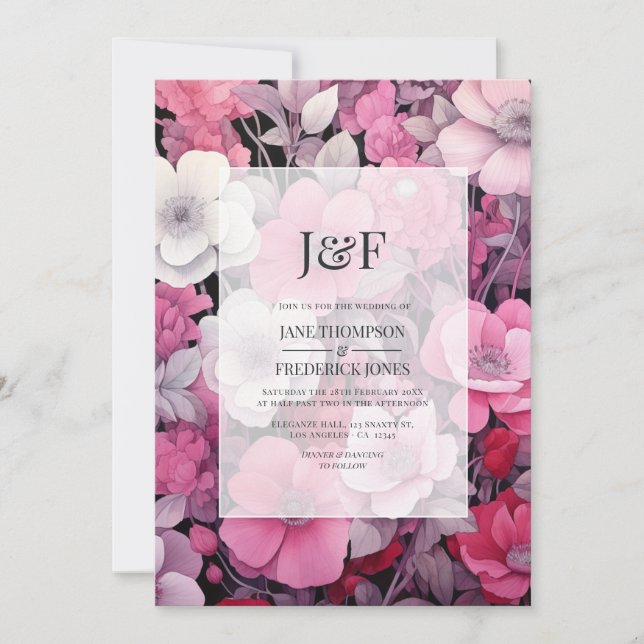 Shades of Pink and Grey Floral Wedding Monogram Invitation (Front)
