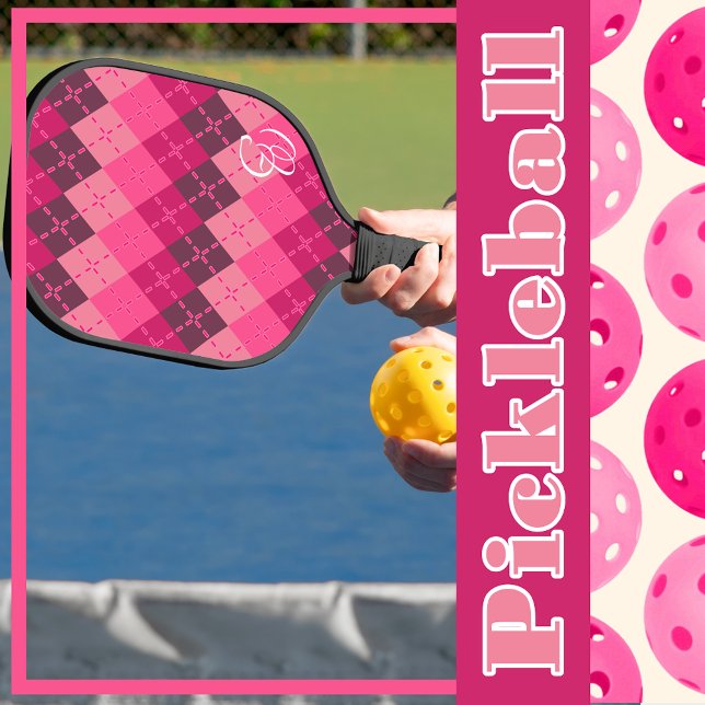 Shades of Pink Argyle Sporty Preppy Personalised  Pickleball Paddle (Creator Uploaded)