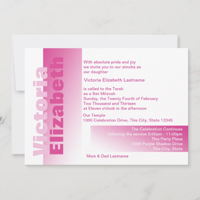 Shades of Pink Bat Mitzvah Invitation (Front)
