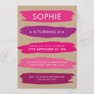 Shades Of Pink Brush Strokes Girls 4th Birthday Invitation