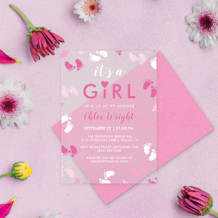 Shades of Pink It's A Girl Baby Footprints Acrylic Invitations