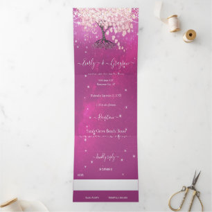Shades of Pink & Purple Heart Leaf Tree Wedding Tri-Fold Invitation