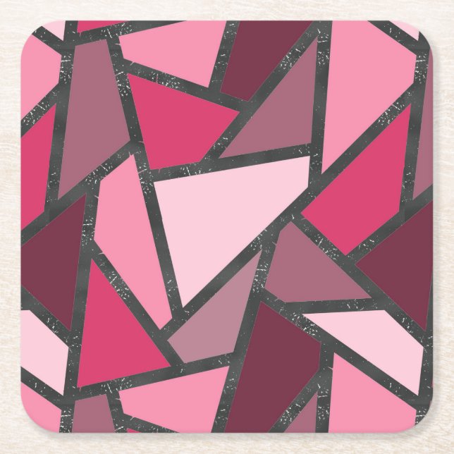 Shades of pink stained glass pattern square paper coaster (Front)
