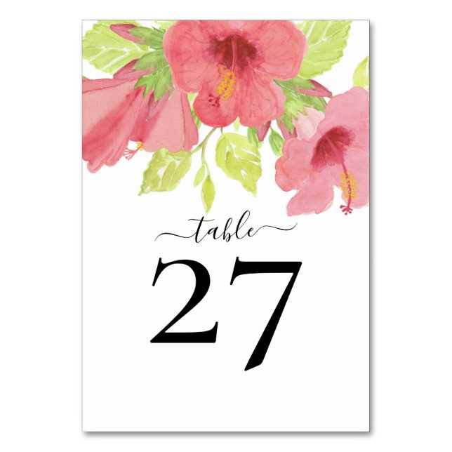 Shades of Pink Watercolor Floral Hibiscus Table Number (Front)