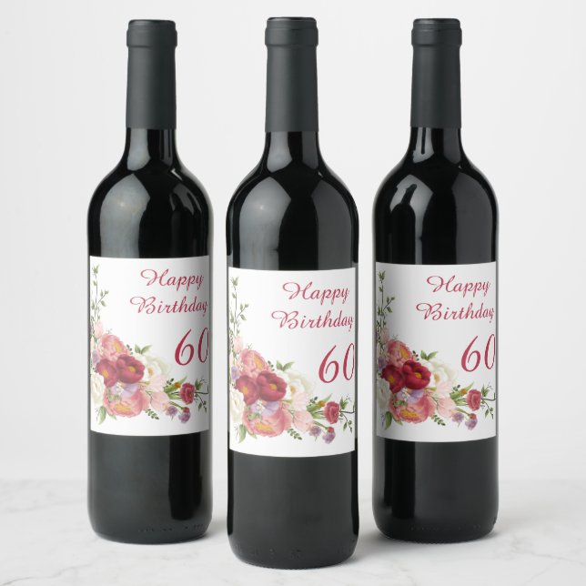 Shades of Pink White Peony Flower Happy Birthday  Wine Label (Bottles)