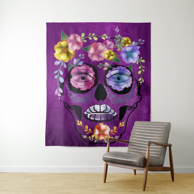 Shades of Purple Female Flower Skull Tapestry (In Situ)