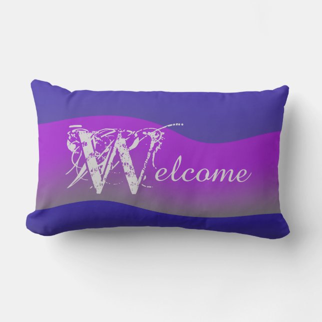 Shades of Purple on Blue Outdoor "Welcome" Lumbar Cushion (Front)