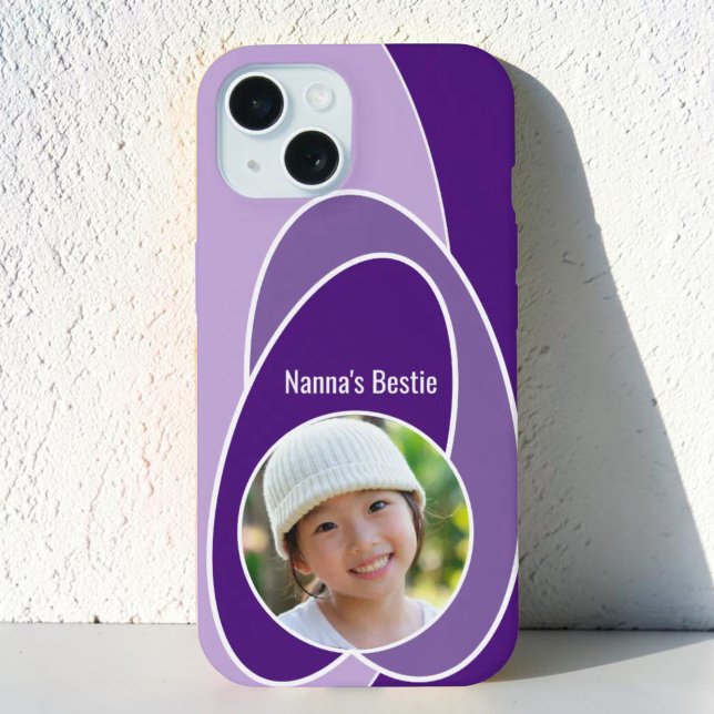Shades of Purple Oval Replaceable Photo  iPhone 15 Case (Fun single custom photo & template text iPhone case with abstract purple art design. )