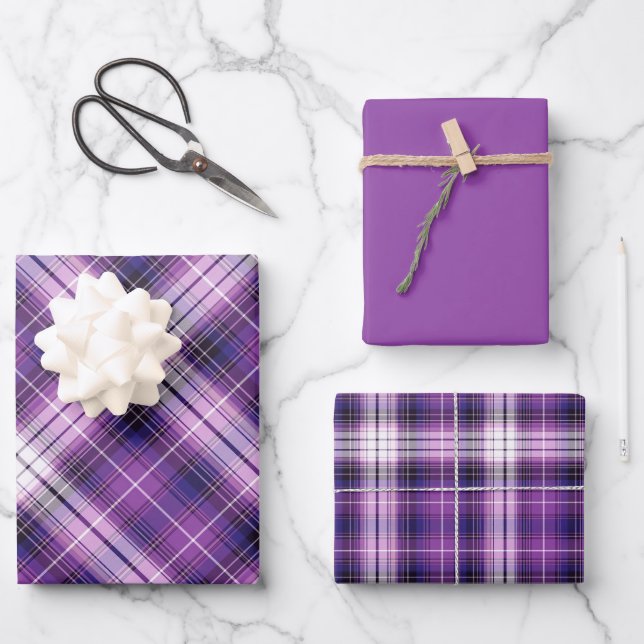 Shades of Purple, Pink & White Plaid Wrapping Paper Sheet (Front)