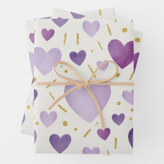 Shades of Purple Watercolor & Gold Glitter Hearts Wrapping Paper Sheet