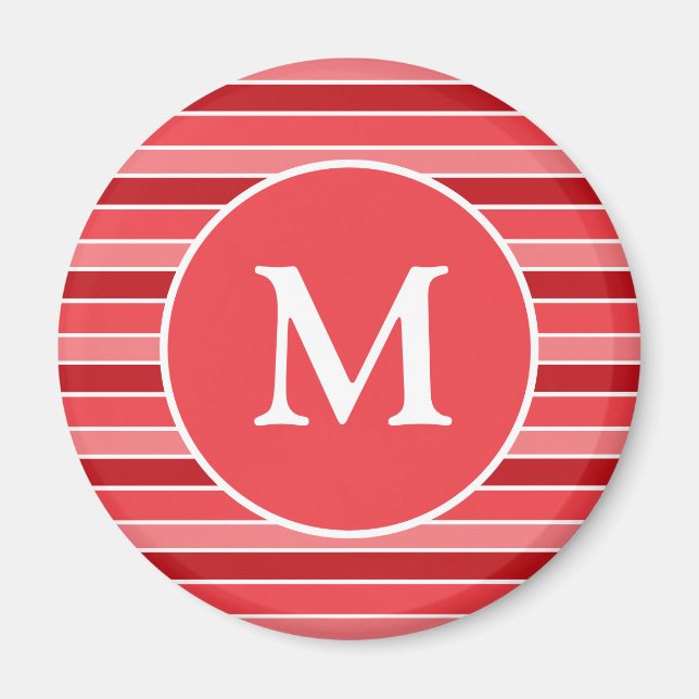 Shades of Red and White Striped Monogrammed Magnet (Front)