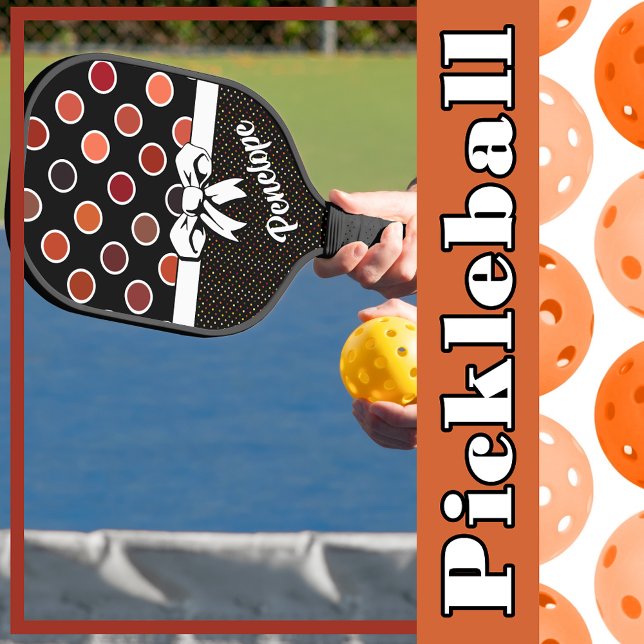 Shades of Red Polka Dots on Black, Faux White Bow Pickleball Paddle (Shades of Red Polka Dots on Black, Faux White Bow Pickleball Paddle)