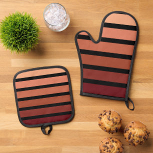 Shades Of Red Stripes On Black  Oven Mitt & Pot Holder Set