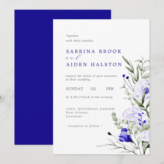 Shades Of Royal Blue Ivory Floral Wedding Invitation (Front/Back)