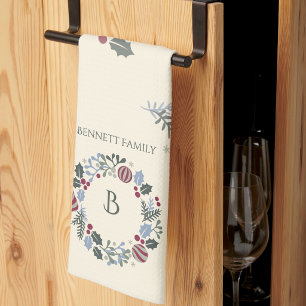 Shades of Sage Christmas Wreath Monogram Gift Tea Towel