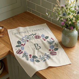 Shades of Sage Christmas Wreath Monogram Gift Tea Towel