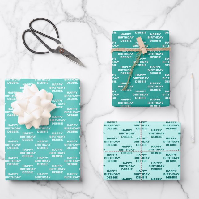 Shades of Teal Birthday Wrapping Paper Sheets (Front)