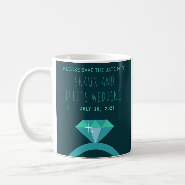 Shades of Teal Diamond Ring Save The Date Coffee Mug (Left)