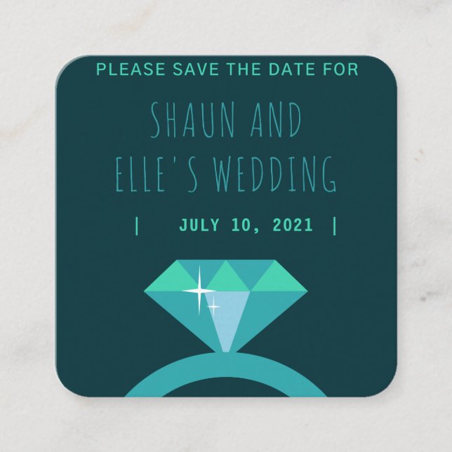 Shades of Teal Diamond Ring Save The Date Square Business Card (Front)