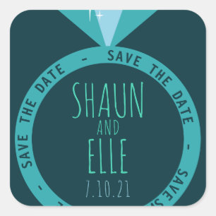 Shades of Teal Diamond Ring Save The Date Square Sticker