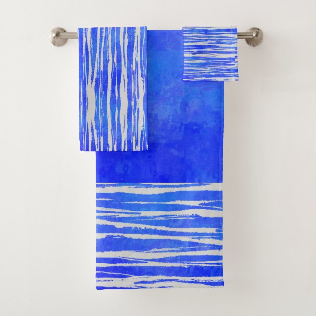 Shades of White and Blue Striped Pattern Bath Towel Set (Insitu)
