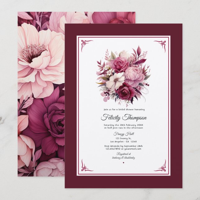Shades of Wine Floral Bridal Shower Invitation (Front/Back)