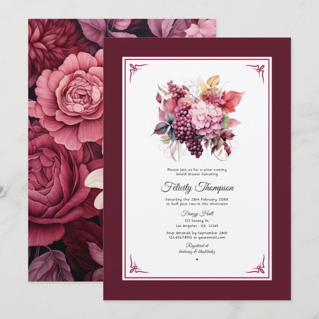 Shades of Wine Floral Bridal Shower Wine Tasting Invitation (Front/Back)