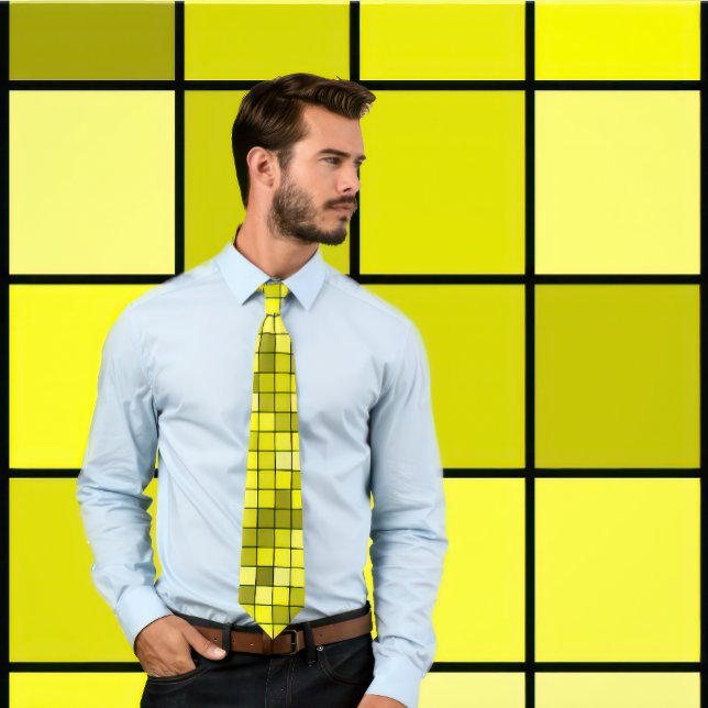 Shades of Yellow Tile Design Tie (Black Outlines) (Man wears a necktie featuring a shades of yellow tile design.
)