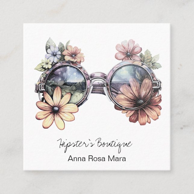 *~*  Shades Sun Glasses AP57 Boho QR Retro Flowers Square Business Card (Front)