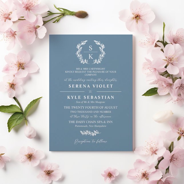 Shadow Blue Laurel Wreath Monogram Wedding Invitation (Creator Uploaded)