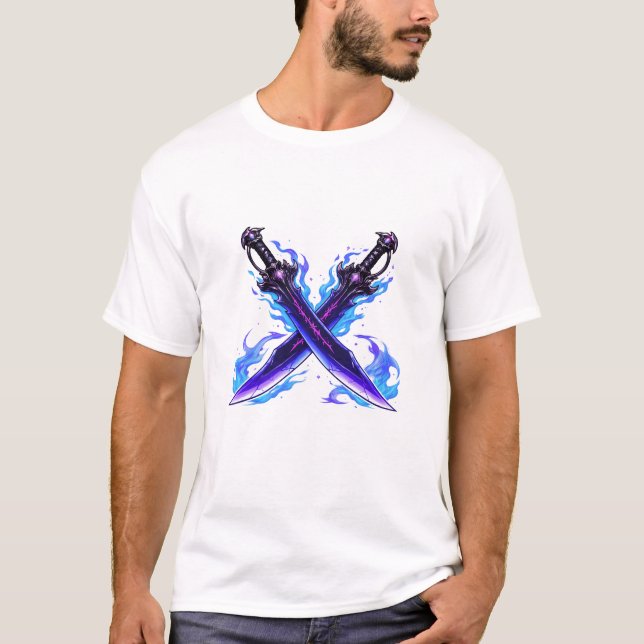 Shadow Dual Daggers Fantasy Weapon, Dark RPG Anime T-Shirt (Front)