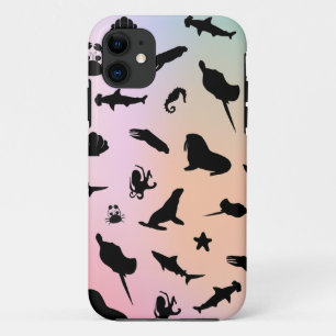 shadow fish shark seal whale crab on galaxy ocean  iPhone 11 case