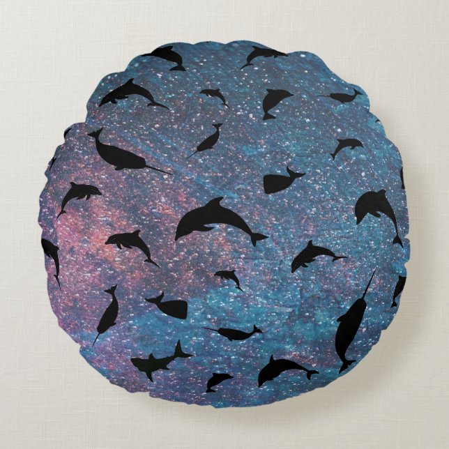 Shadow fish shark whale gradient colourful galaxy round cushion (Front)