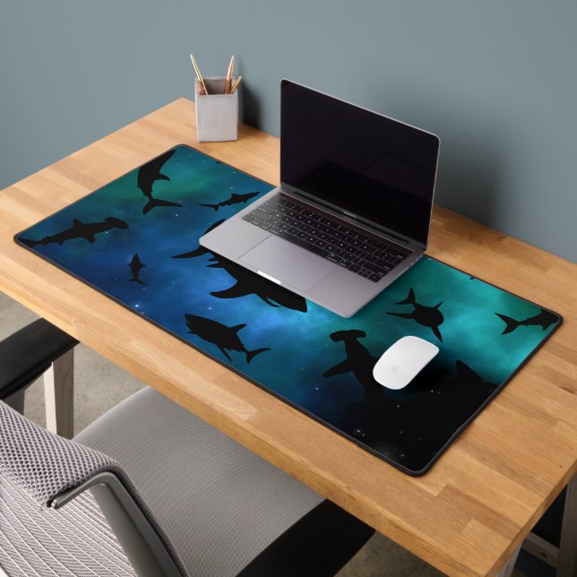 Shadow fish shark whale on gradient galaxy Aqua Desk Mat (Office 2)