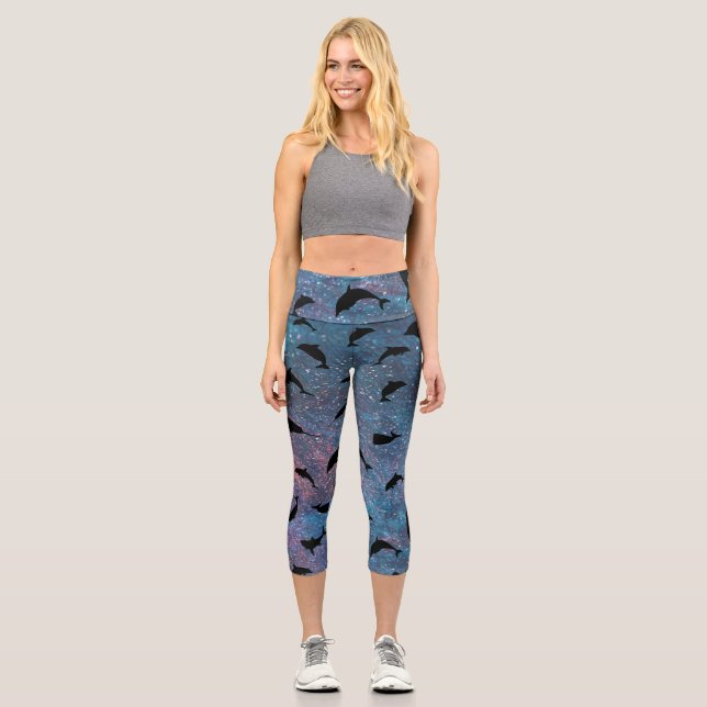 shadow fish shark whale on gradient galaxy   capri leggings (Front)
