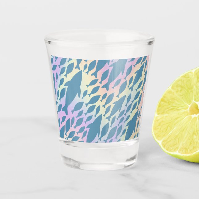 Shadow Fish Shark Whale on gradient galaxy Shot Glass (Front)