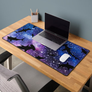 Shadow fish shark whale on gradient galaxy Space Desk Mat