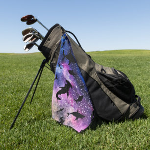 Shadow fish shark whale on gradient galaxy Space Golf Towel