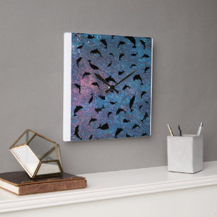 shadow fish shark whale on gradient galaxy   square wall clock