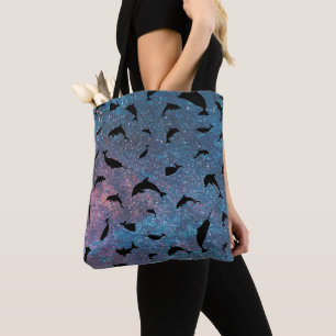 shadow fish shark whale on gradient galaxy tote bag