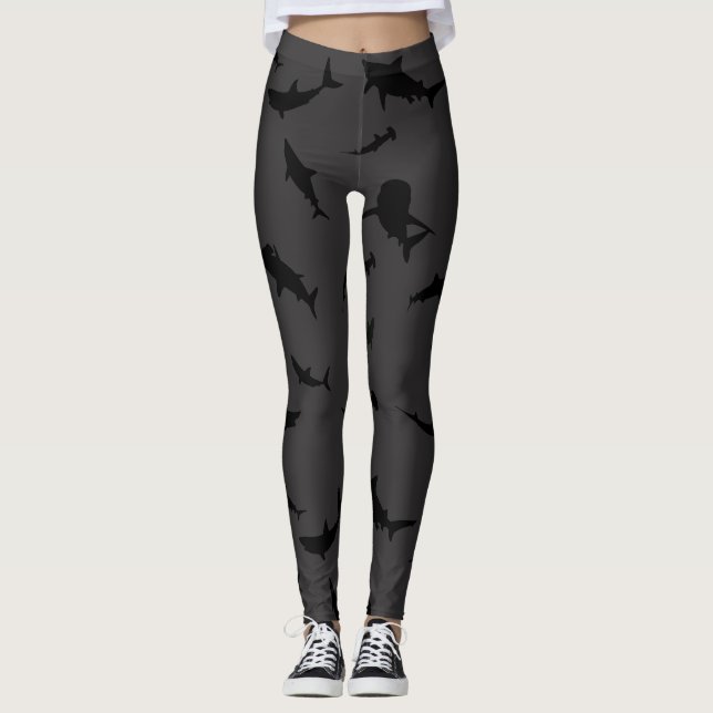 shadow fish shark whale on gradient Grey Ocean Leggings (Front)